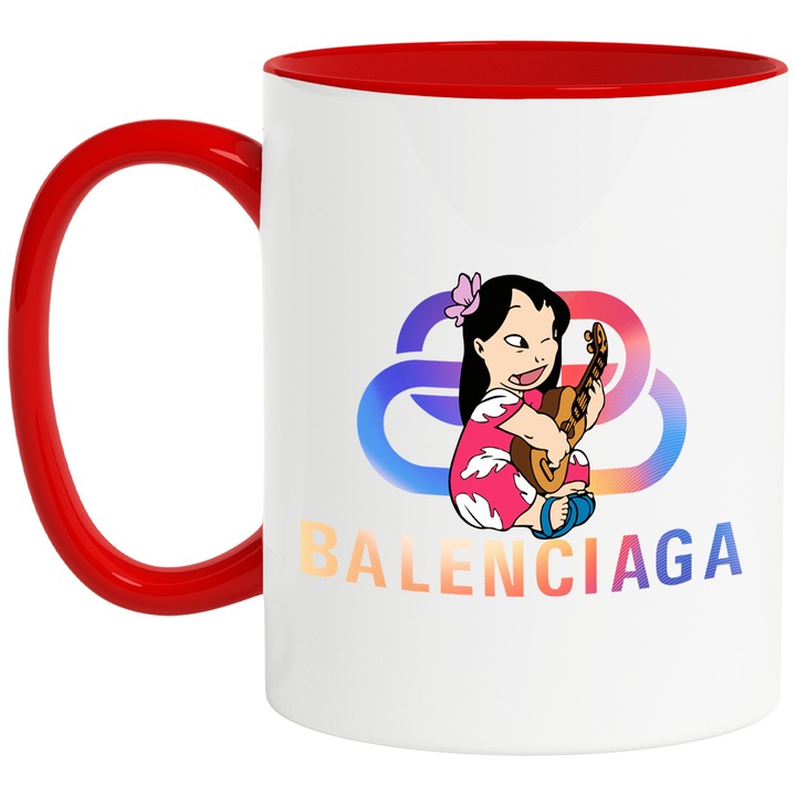 Cana Cu Stitch, Cu Textul "Balenciaga" - Design 40, Ceramica, 330ML, Cu Maner si Interior Rosu