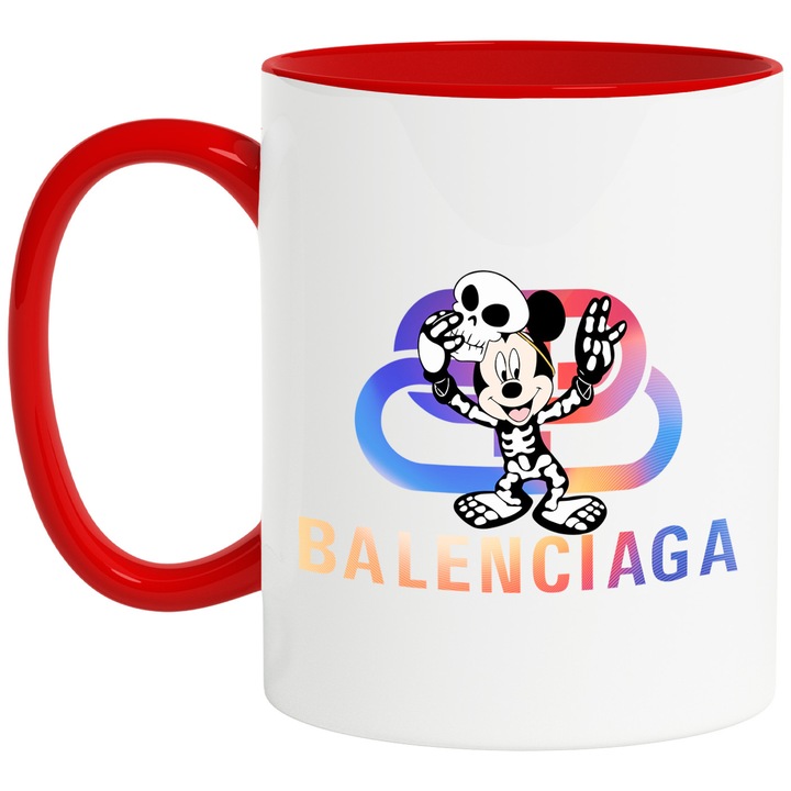 Cana Cu Mickey si Minnie, Cu Textul "Balenciaga" - Design 179, Ceramica, 330ML, Cu Maner si Interior Rosu