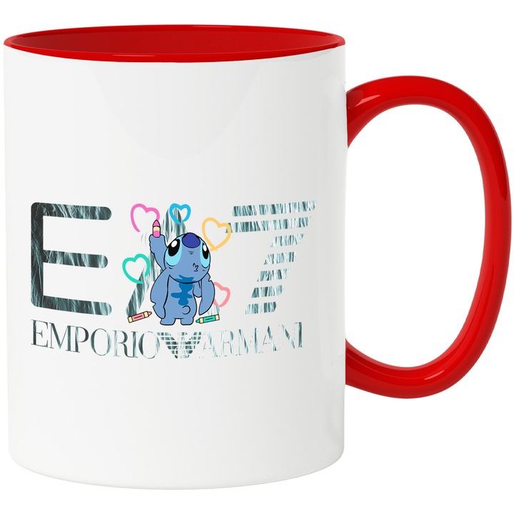 Cana Cu Stitch, Cu Textul "Emporio Armani EA" - Design 32, Ceramica, 330ML, Cu Maner si Interior Rosu