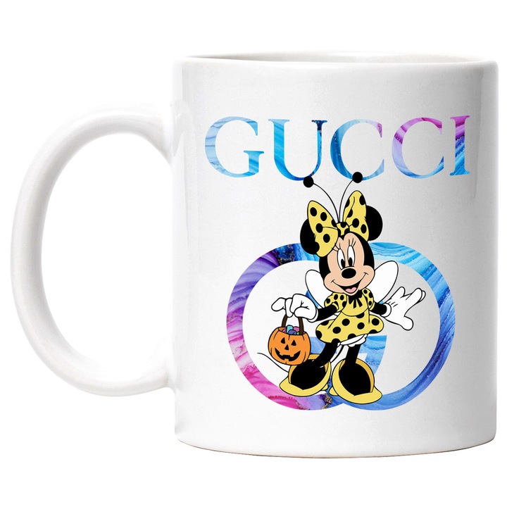 Cana Cu Mickey si Minnie, Cu Textul "Gucci" - Design 180, Ceramica, 330ML, Cu Maner si Interior Alb
