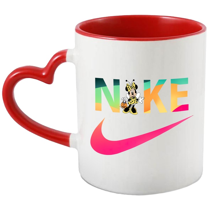 Cana Cu Mickey si Minnie, Cu Textul "Nike" - Design 354, Ceramica, 330ML, Cu Maner Inima Rosie si Interior Rosu