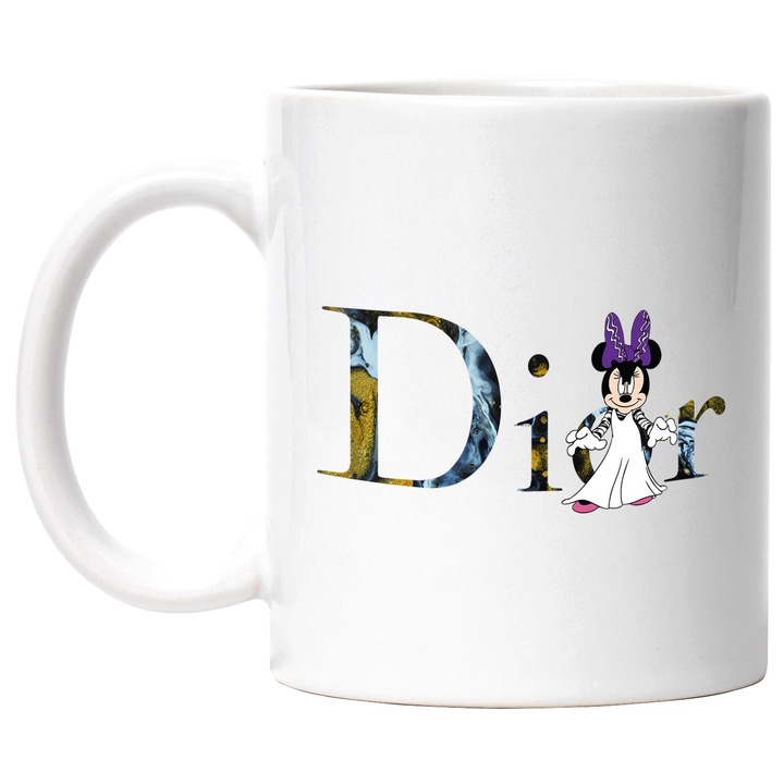 Cana Cu Mickey si Minnie, Cu Textul "Dior" - Design 89, Ceramica, 330ML, Cu Maner si Interior Alb