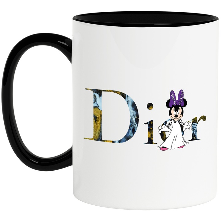 Cana Cu Mickey si Minnie, Cu Textul "Dior" - Design 89, Ceramica, 330ML, Cu Maner si Interior Negru