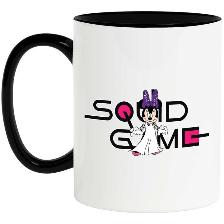 Cana Cu Mickey si Minnie, Cu Textul "Squid Game" - Design 89, Ceramica, 330ML, Cu Maner si Interior Negru
