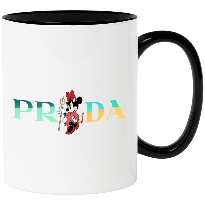 Cana Cu Mickey si Minnie, Cu Textul "Prada" - Design 90, Ceramica, 330ML, Cu Maner si Interior Negru