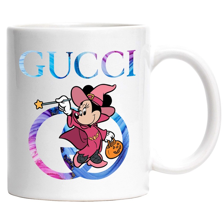 Cana Cu Mickey si Minnie, Cu Textul "Gucci" - Design 183, Ceramica, 330ML, Cu Maner si Interior Alb