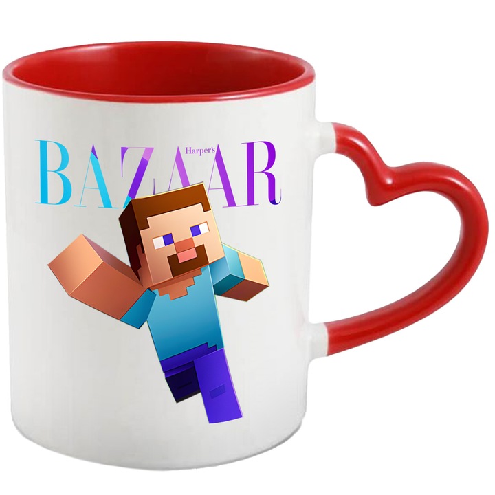 Cana Cu Minecraft, Cu Textul "Bazaar" - Design 1, Ceramica, 330ML, Cu Maner Inima Rosie si Interior Rosu