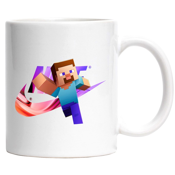 Cana Cu Minecraft, Cu Textul "Nike" - Design 8, Ceramica, 330ML, Cu Maner si Interior Alb