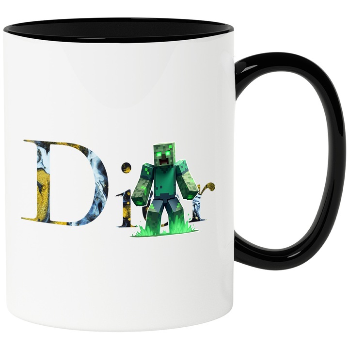 Cana Cu Minecraft, Cu Textul "Dior" - Design 4, Ceramica, 330ML, Cu Maner si Interior Negru