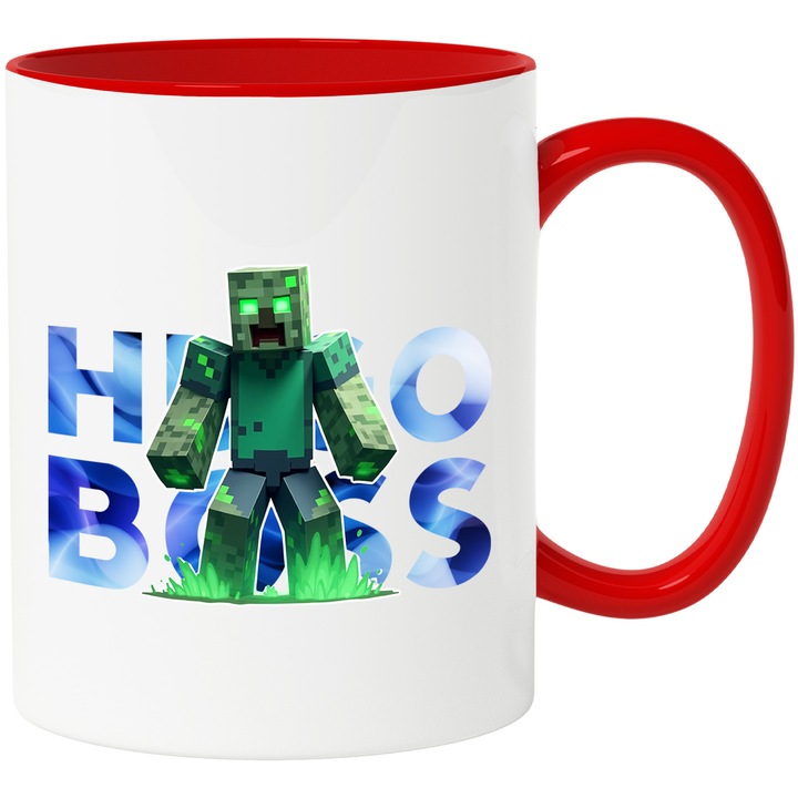 Cana Cu Minecraft, Cu Textul "Hugo Boss" - Design 10, Ceramica, 330ML, Cu Maner si Interior Rosu