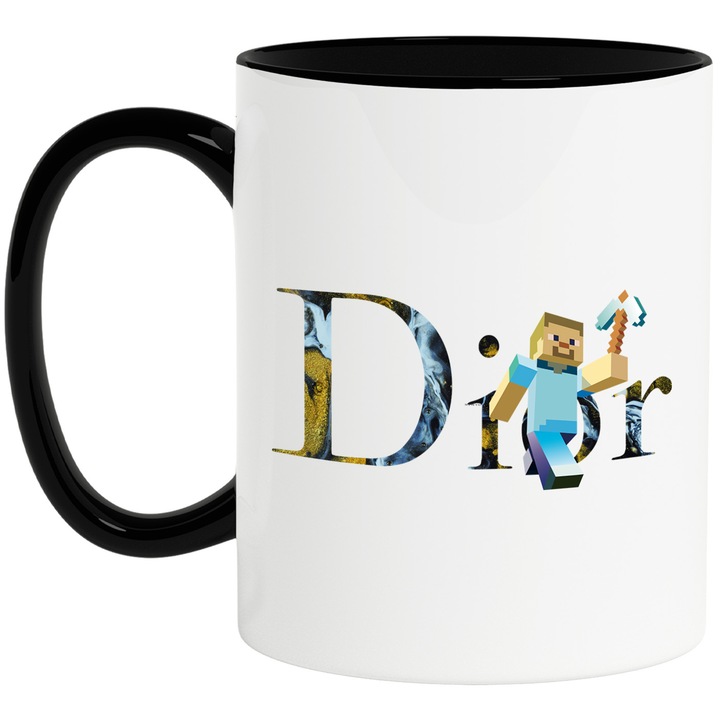 Cana Cu Minecraft, Cu Textul "Dior" - Design 5, Ceramica, 330ML, Cu Maner si Interior Negru