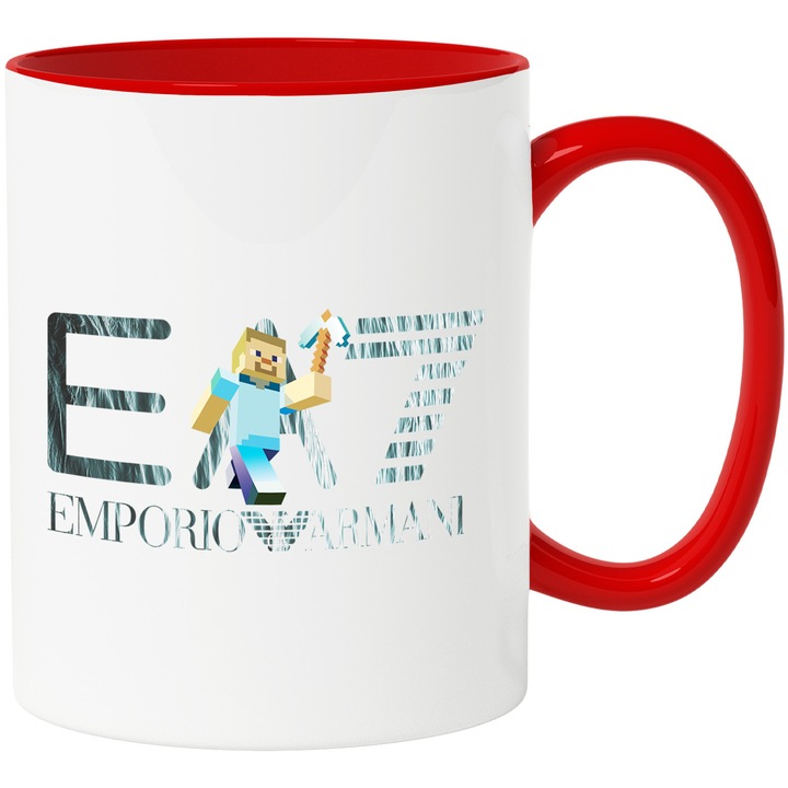 Cana Cu Minecraft, Cu Textul "Emporio Armani EA" - Design 11, Ceramica, 330ML, Cu Maner si Interior Rosu