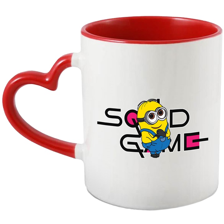 Cana Cu Minion, Cu Textul "Squid Game" - Design 2, Ceramica, 330ML, Cu Maner Inima Rosie si Interior Rosu