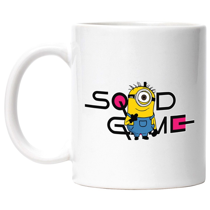 Cana Cu Minion, Cu Textul "Squid Game" - Design 3, Ceramica, 330ML, Cu Maner si Interior Alb