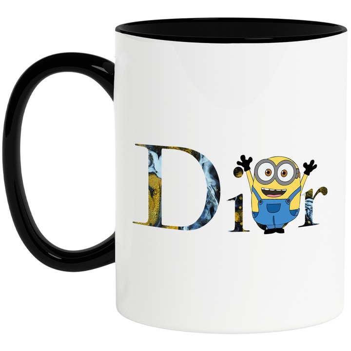 Cana Cu Minion, Cu Textul "Dior" - Design 4, Ceramica, 330ML, Cu Maner si Interior Negru