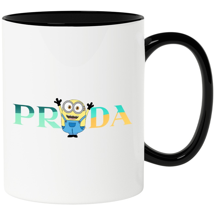 Cana Cu Minion, Cu Textul "Prada" - Design 4, Ceramica, 330ML, Cu Maner si Interior Negru