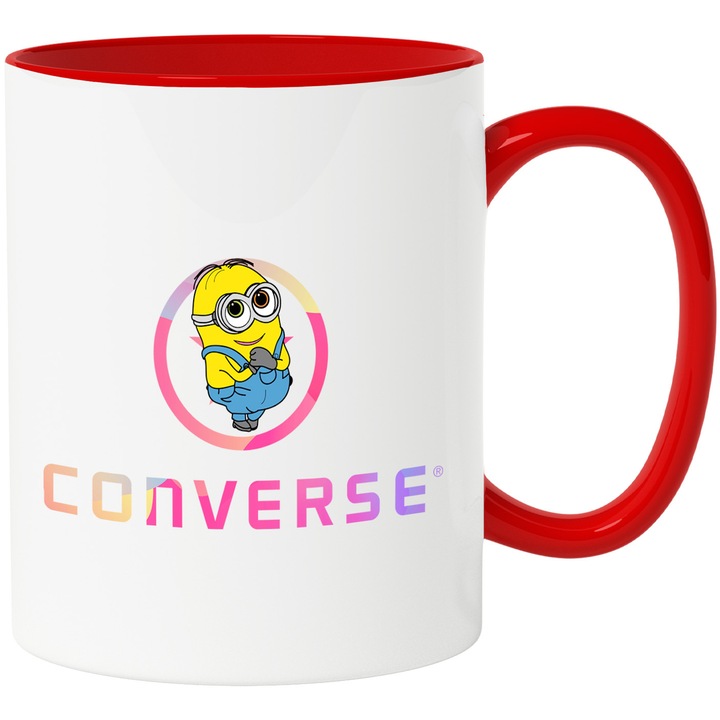 Cana Cu Minion, Cu Textul "Converse" - Design 5, Ceramica, 330ML, Cu Maner si Interior Rosu