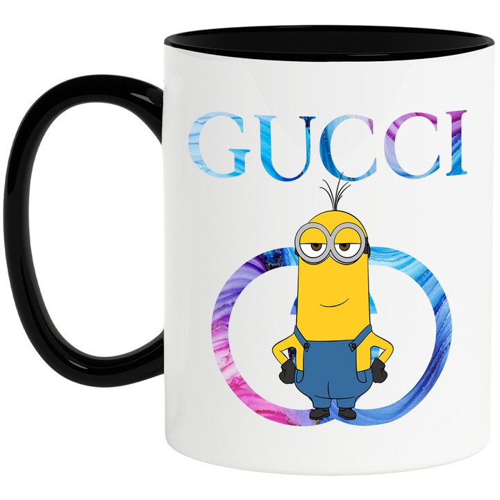 Cana Cu Minion, Cu Textul "Gucci" - Design 25, Ceramica, 330ML, Cu Maner si Interior Negru