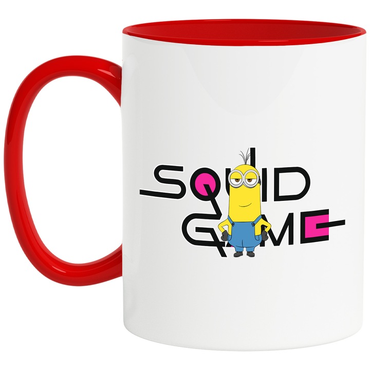 Cana Cu Minion, Cu Textul "Squid Game" - Design 6, Ceramica, 330ML, Cu Maner si Interior Rosu
