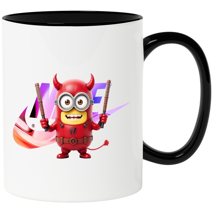 Cana Cu Minion, Cu Textul "Nike" - Design 42, Ceramica, 330ML, Cu Maner si Interior Negru