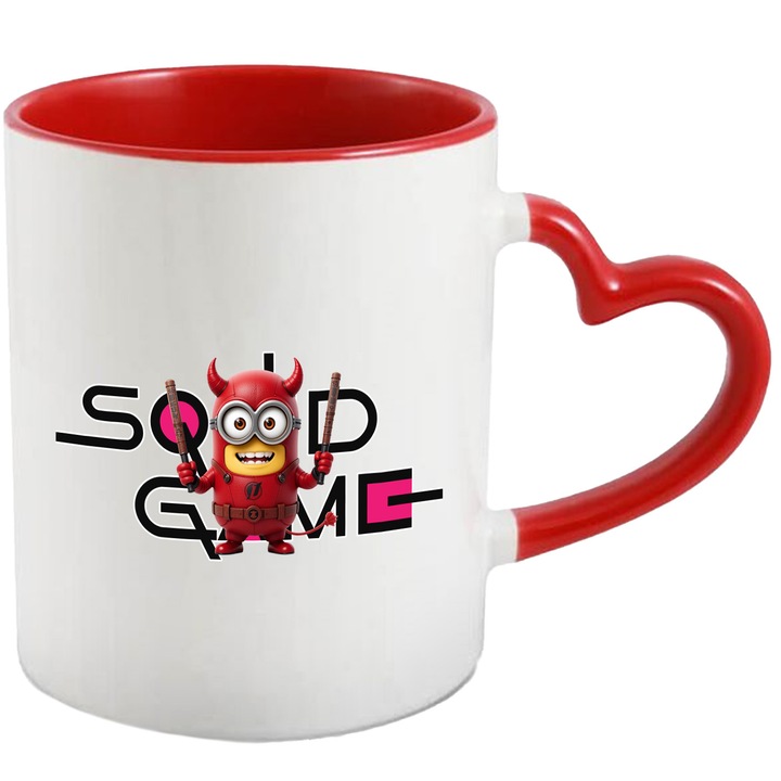 Cana Cu Minion, Cu Textul "Squid Game" - Design 8, Ceramica, 330ML, Cu Maner Inima Rosie si Interior Rosu