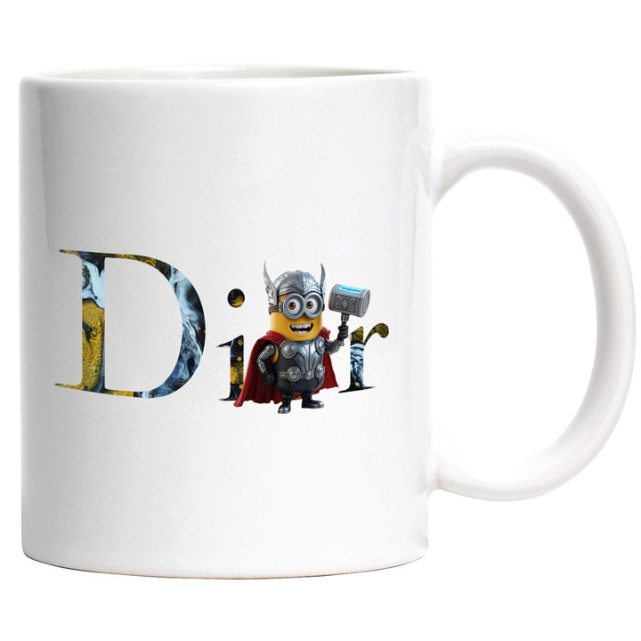 Cana Cu Minion, Cu Textul "Dior" - Design 9, Ceramica, 330ML, Cu Maner si Interior Alb