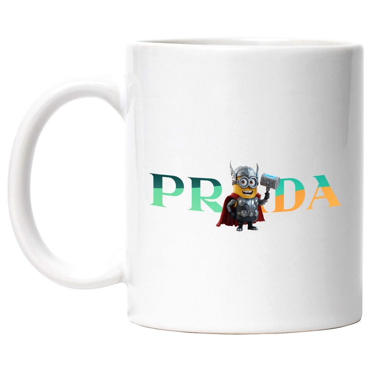 Cana Cu Minion, Cu Textul "Prada" - Design 9, Ceramica, 330ML, Cu Maner si Interior Alb