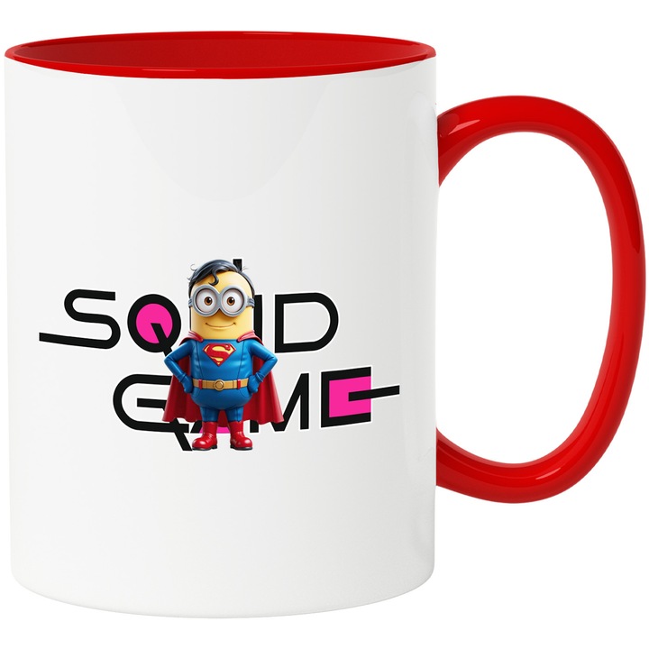 Cana Cu Minion, Cu Textul "Squid Game" - Design 10, Ceramica, 330ML, Cu Maner si Interior Rosu