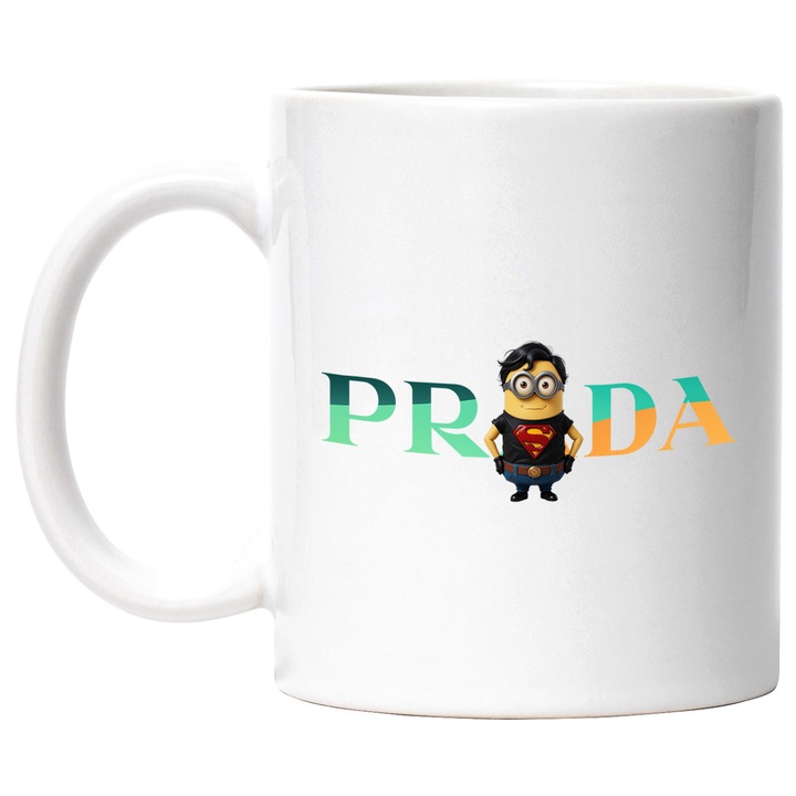Cana Cu Minion, Cu Textul "Prada" - Design 12, Ceramica, 330ML, Cu Maner si Interior Alb