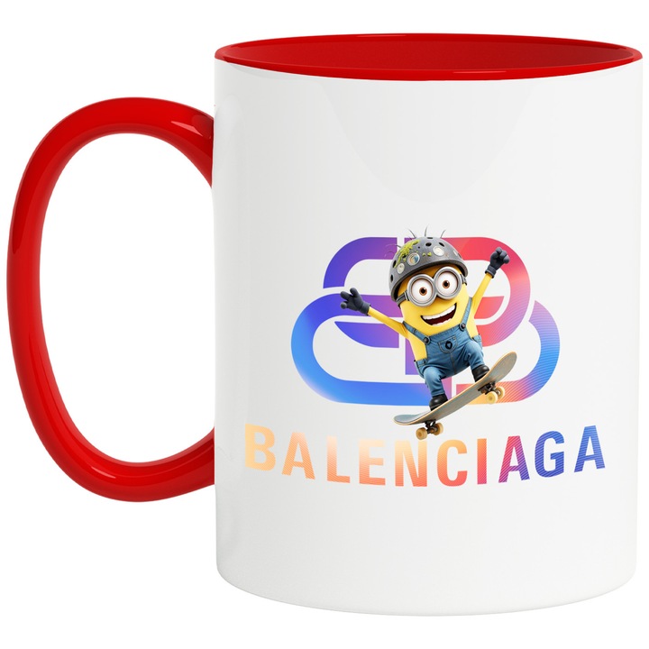 Cana Cu Minion, Cu Textul "Balenciaga" - Design 32, Ceramica, 330ML, Cu Maner si Interior Rosu