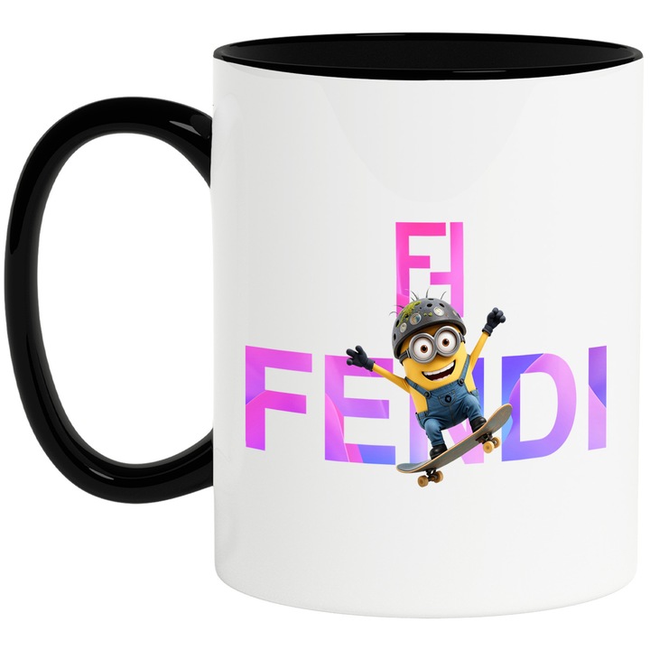 Cana Cu Minion, Cu Textul "Fendi" - Design 13, Ceramica, 330ML, Cu Maner si Interior Negru