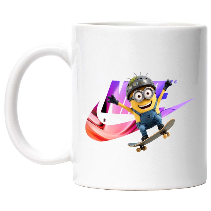 Cana Cu Minion, Cu Textul "Nike" - Design 57, Ceramica, 330ML, Cu Maner si Interior Alb