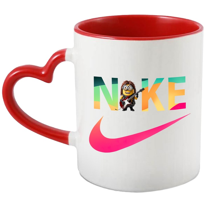 Cana Cu Minion, Cu Textul "Nike" - Design 59, Ceramica, 330ML, Cu Maner Inima Rosie si Interior Rosu