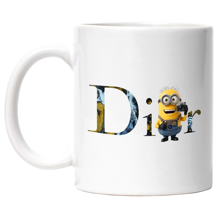 Cana Cu Minion, Cu Textul "Dior" - Design 15, Ceramica, 330ML, Cu Maner si Interior Alb