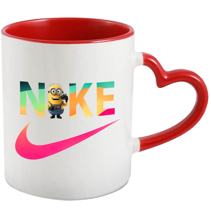 Cana Cu Minion, Cu Textul "Nike" - Design 62, Ceramica, 330ML, Cu Maner Inima Rosie si Interior Rosu
