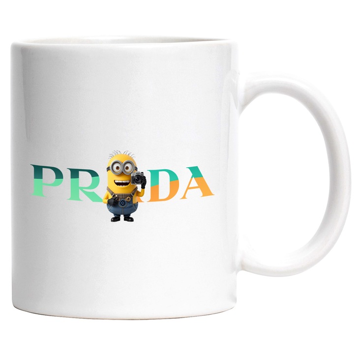 Cana Cu Minion, Cu Textul "Prada" - Design 15, Ceramica, 330ML, Cu Maner si Interior Alb