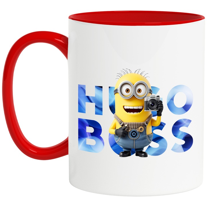 Cana Cu Minion, Cu Textul "Hugo Boss" - Design 34, Ceramica, 330ML, Cu Maner si Interior Rosu