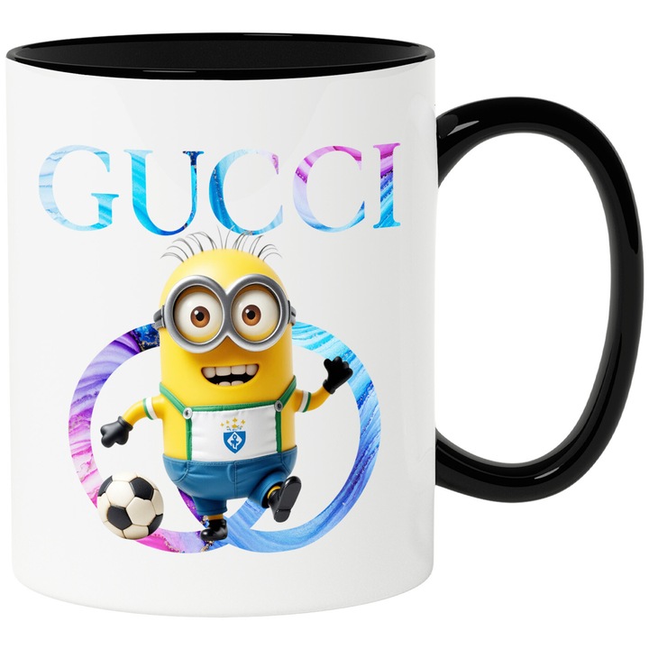 Cana Cu Minion, Cu Textul "Gucci" - Design 35, Ceramica, 330ML, Cu Maner si Interior Negru
