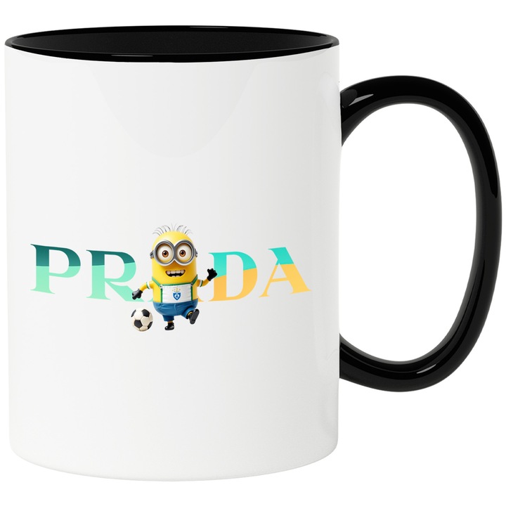 Cana Cu Minion, Cu Textul "Prada" - Design 16, Ceramica, 330ML, Cu Maner si Interior Negru