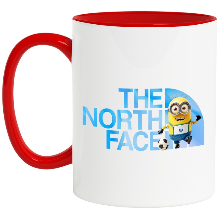 Cana Cu Minion, Cu Textul "The North Face" - Design 16, Ceramica, 330ML, Cu Maner si Interior Rosu