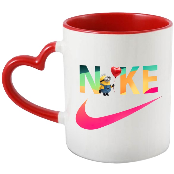 Cana Cu Minion, Cu Textul "Nike" - Design 71, Ceramica, 330ML, Cu Maner Inima Rosie si Interior Rosu