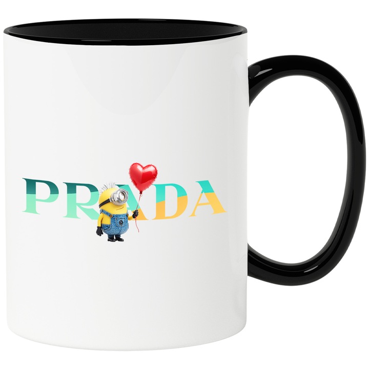 Cana Cu Minion, Cu Textul "Prada" - Design 18, Ceramica, 330ML, Cu Maner si Interior Negru