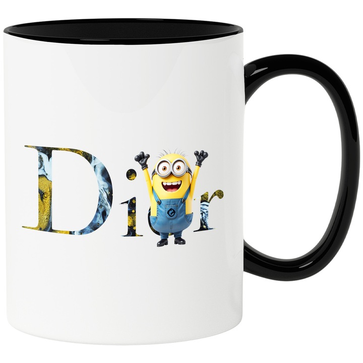Cana Cu Minion, Cu Textul "Dior" - Design 19, Ceramica, 330ML, Cu Maner si Interior Negru