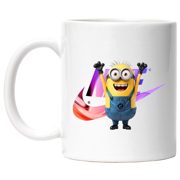Cana Cu Minion, Cu Textul "Nike" - Design 75, Ceramica, 330ML, Cu Maner si Interior Alb