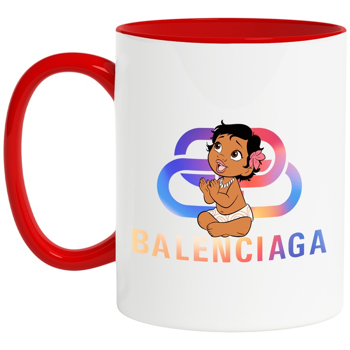 Cana Cu Moana, Cu Textul "Balenciaga" - Design 8, Ceramica, 330ML, Cu Maner si Interior Rosu