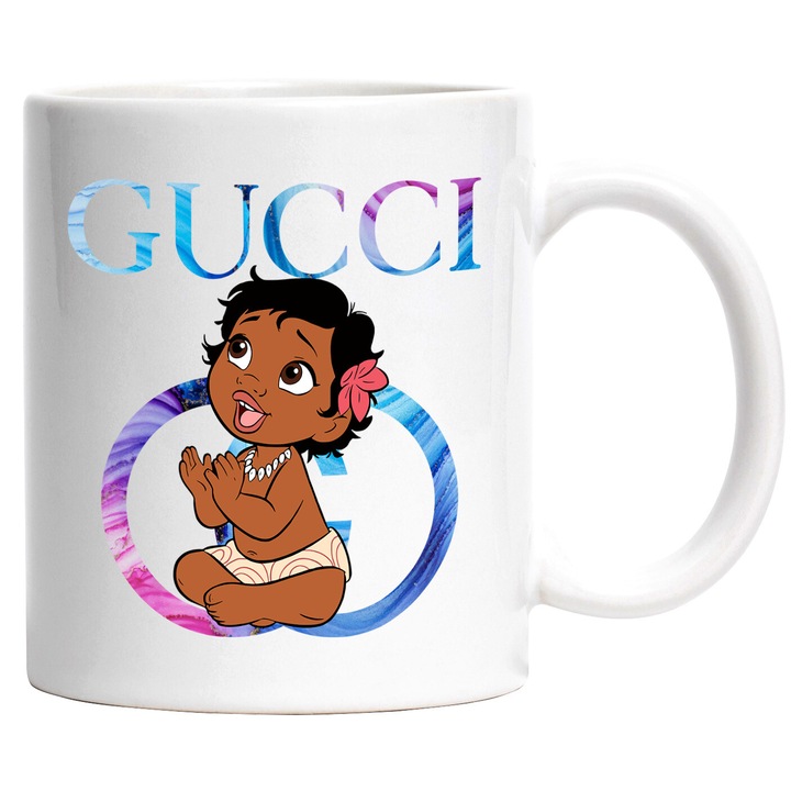 Cana Cu Moana, Cu Textul "Gucci" - Design 8, Ceramica, 330ML, Cu Maner si Interior Alb