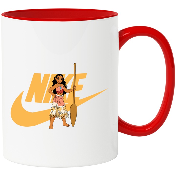 Cana Cu Moana, Cu Textul "Nike" - Design 13, Ceramica, 330ML, Cu Maner si Interior Rosu