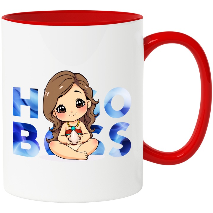Cana Cu Moana, Cu Textul "Hugo Boss" - Design 10, Ceramica, 330ML, Cu Maner si Interior Rosu