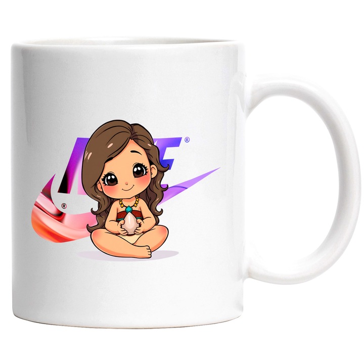 Cana Cu Moana, Cu Textul "Nike" - Design 15, Ceramica, 330ML, Cu Maner si Interior Alb
