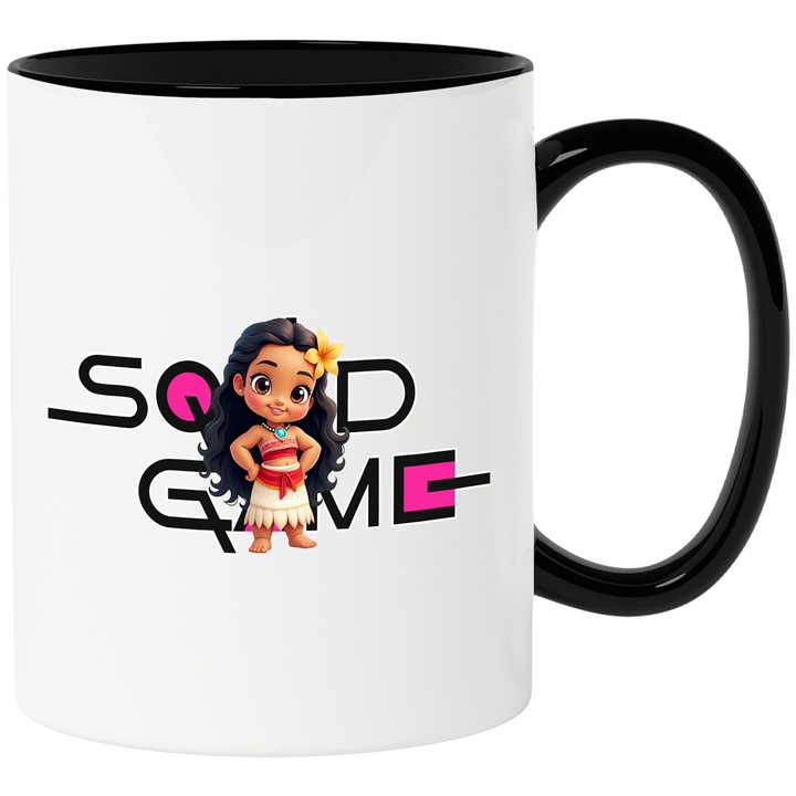 Cana Cu Moana, Cu Textul "Squid Game" - Design 4, Ceramica, 330ML, Cu Maner si Interior Negru